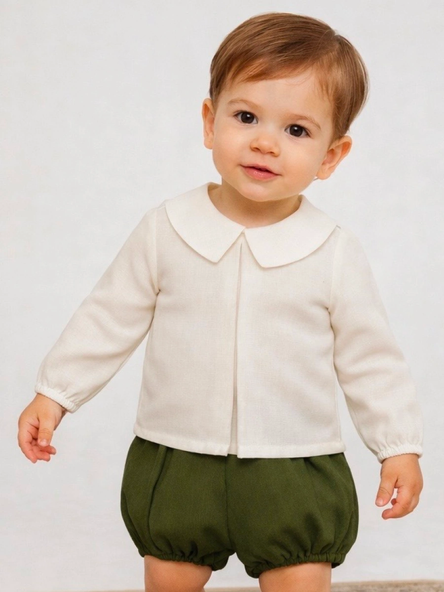 Conjunto bebe bombacho verde camisa cruda fuelle central cuello bebe - Imagen 2