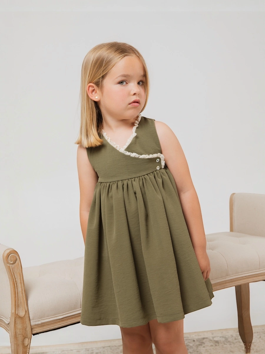 Vestido cruzado verde bordeado valencienne - Imagen 2