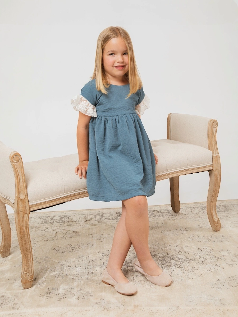 Vestido azul índigo manga corta con volante valencienne - Imagen 2