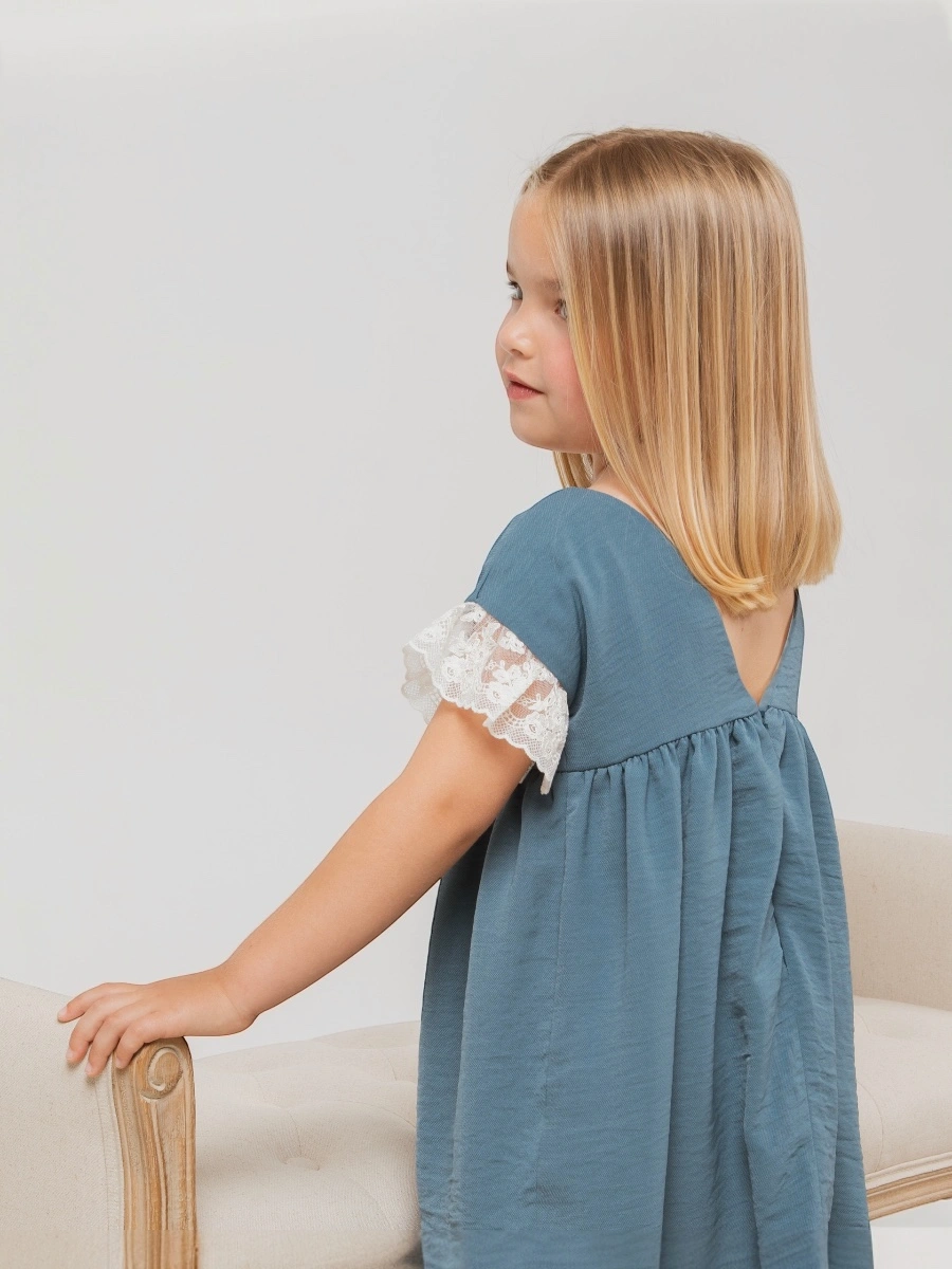 Vestido azul índigo manga corta con volante valencienne - Imagen 3