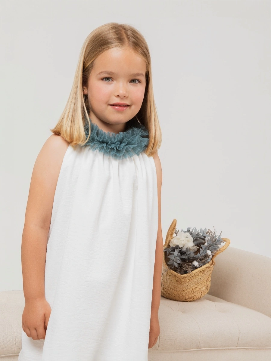 Vestido halter blanco volante azul índigo fruncido cuello - Imagen 2