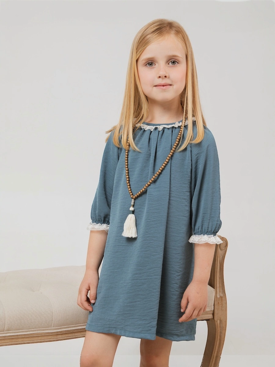 Vestido azul índigo manga rangaln semi con valencienne - Imagen 2