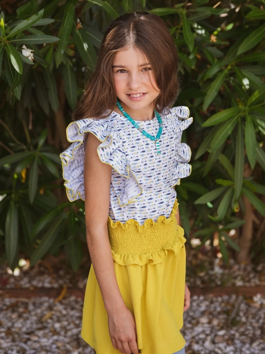 Conjunto Sardines camisa estampada volante manga y falda lima engomada - Imagen 2