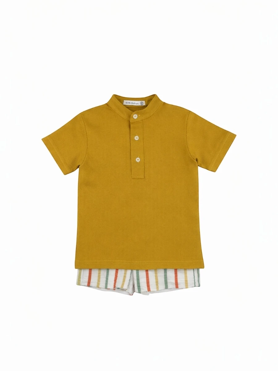 Conjunto Sunny polo mostaza bermuda rayas multicolor - Imagen 2