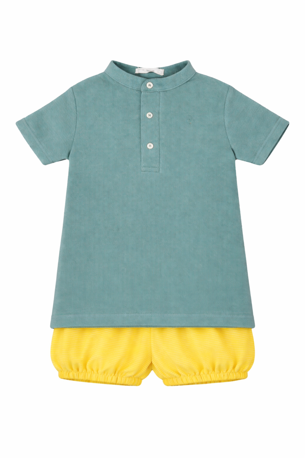 Conjunto bebé polo aguamarina y bombacho amarillo con rayitas blancas